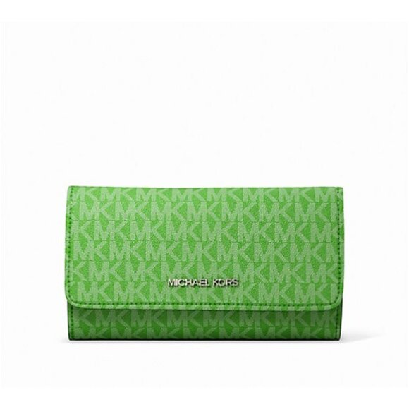 New Michael Kors Jet Set Travel Large Logo Trifold Wallet Jungle Green Multi - Picture 1 of 3